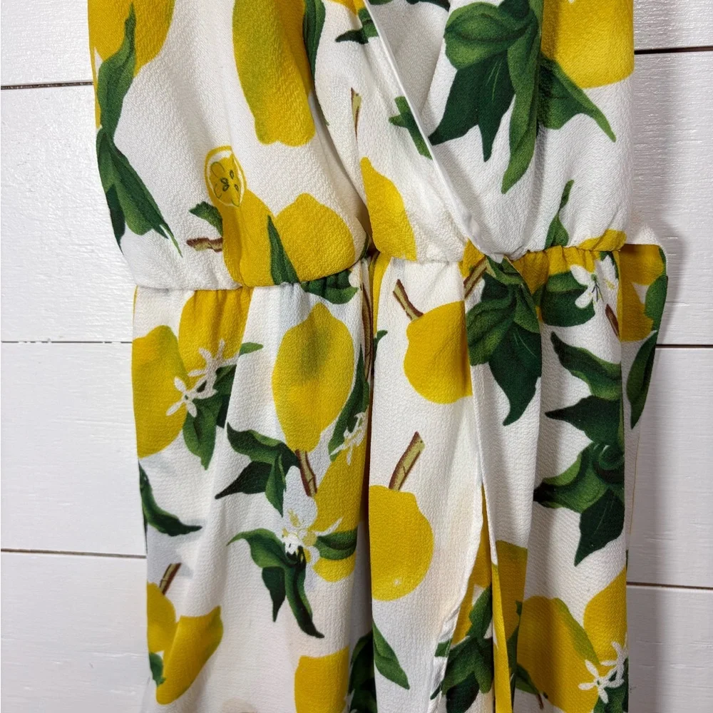 Dream of Me Lemon Print Wrap Maxi Dress White Yellow Size M